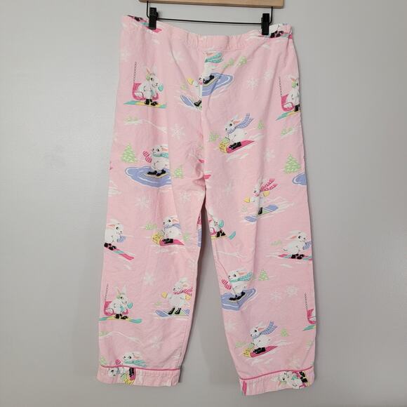 Nick & Nora Pink Winter Snow Bunnies Pajama Pants Drawstring Sz M Flannel Cotton - Picture 4 of 13